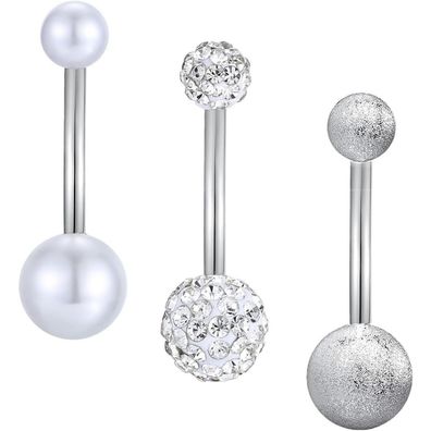 3er Bauchnabelpiercing Set 14 Gauge 16mm Chirurgenstahl Zirkonia Silber Gold