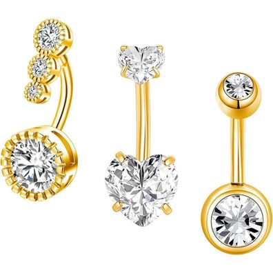 3er Gold Bauchnabelpiercing Set Chirurgenstahl Zirkonia 14G 8mm Frauen