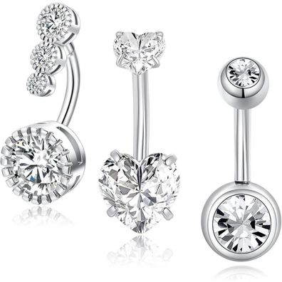 3er Set Bauchnabelpiercing 14G 8mm Chirurgenstahl Zirkonia Silber Gold