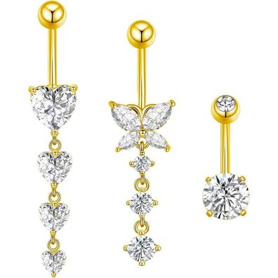 Besyvvin 3er Bauchnabelpiercing Chirurgenstahl Schmetterling Herz Anhänger Gold