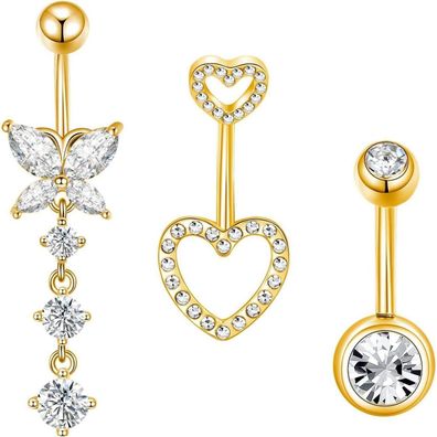 3stk Bauchnabelpiercing Chirurgenstahl 10mm Silber Gold Schmetterling Herz