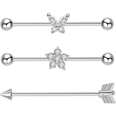 3stk Industrial Bars 38mm Chirurgenstahl 14G Schmetterling Herz Blume Piercing