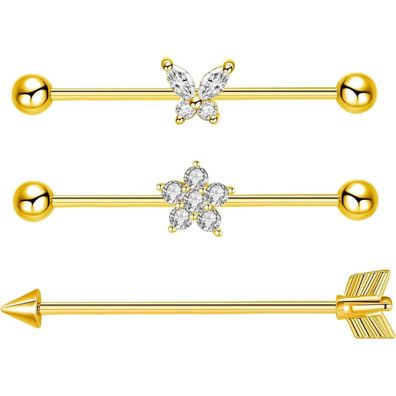 3stk Industrial Bars Schmetterling Herz Blume 38mm Piercing Scaffold Silber Gold
