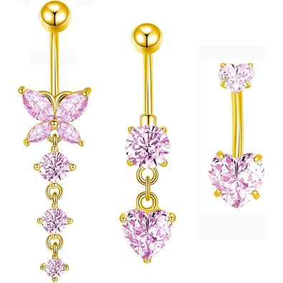 3er Bauchnabelpiercing Set Gold Silber Rosa Herz Chirurgenstahl 10mm