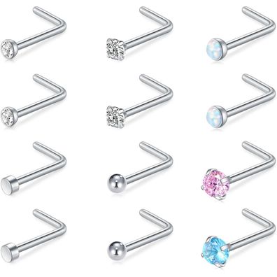 12stk Nasenpiercing Stecker Silber Edelstahl CZ 20G Spiral L-Form Spiral