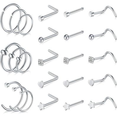 Avyring Silber Nasenpiercing Set Zirkonia 20G Chirurgenstahl Frauen Männer
