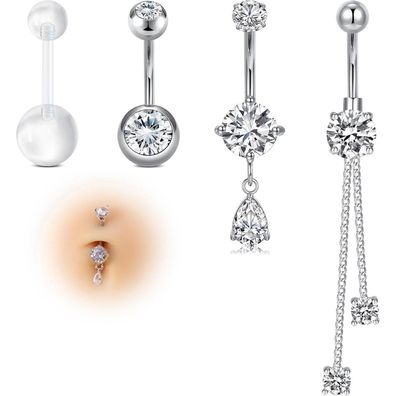 4er Set Hängende Bauchnabelstecker CZ 14G Chirurgenstahl 10MM Silber Gold