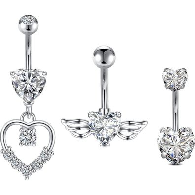 3er Set Silber Bauchnabelpiercing 14G Schmetterling Herz Avyring
