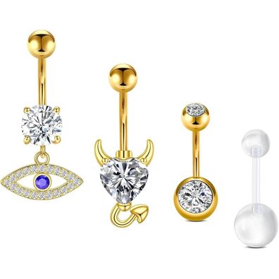 4er Set Gold Transparent Bauchnabelpiercing Herz Schmetterling Surgical Steel