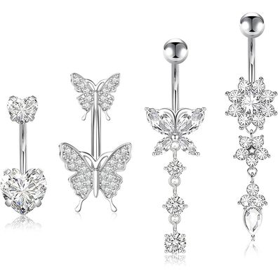 4er Set Bauchnabelpiercing Chirurgenstahl Silber Perlen Strass 10mm 12mm