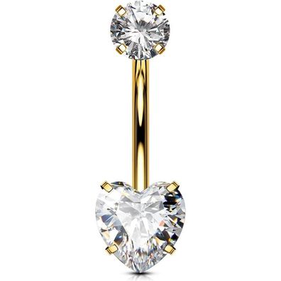 Gold Titanium Belly Button Bars Clear CZ Double Heart Navel Piercing 14G