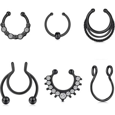 MODRSA 6er Set Fake Septum Nasenringe 20G Schwarz Edelstahl Piercing