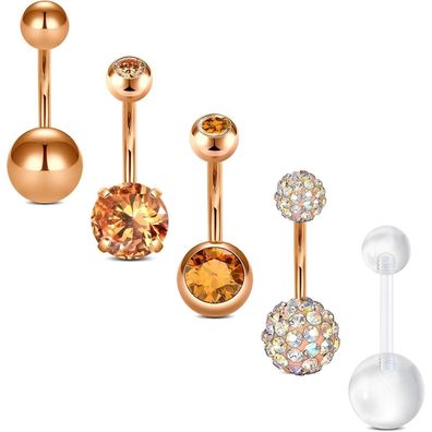 D. Bella Bauchnabelpiercing Set 14G Chirurgenstahl CZ Barbell Silber Rosegold