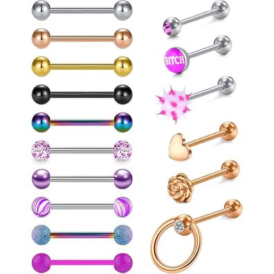 14G Zungenpiercing Chirurgenstahl 16mm Herz Blume Nippelpiercing Set