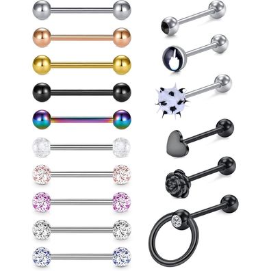 14G Zungenpiercing Set Chirurgenstahl Herz Blume Nippelpiercing 16mm