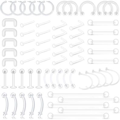 Piercing Set 65 Stück Clear Retainer Lippe Ohr Nase Augenbraue Zunge Industrial