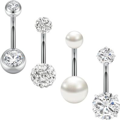 4er Set Silberne Bauchnabelringe Diamanten Perlen Hypoallergener Edelstahl