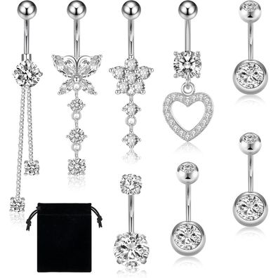 8PCS Bauchnabelpiercing Titan Edelstahl 1.6mm Zirkonias Schmuck Silber