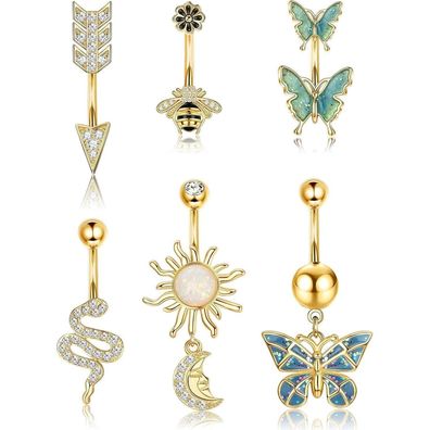 6stk Dochais Bauchnabel Piercing Edelstahl Gold Silber CZ Schmetterling Schlange