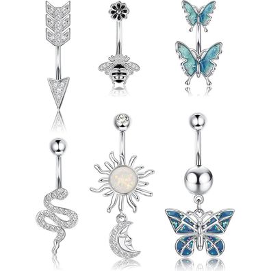 Bauchnabelpiercing Set 6 Stück Edelstahl CZ Schmetterling Biene 14G 10mm