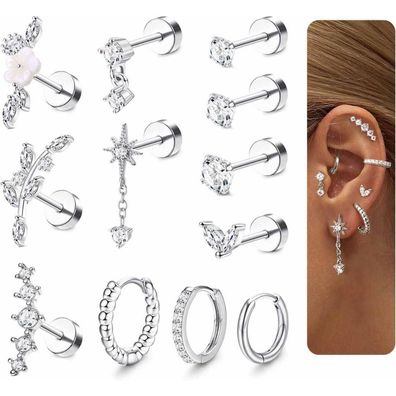 12Pcs Helix Piercings Chirurgenstahl Set CZ Blume Ohrstecker Tragus Conch