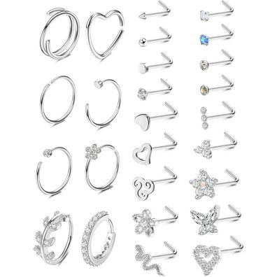 26Pcs Nasenpiercing Set 20G Chirurgenstahl Brillant Schmetterling Schlange