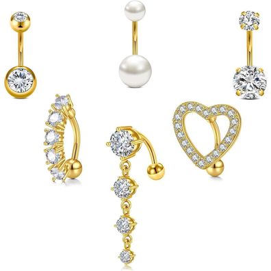 6er Set Hochwertiger Bauchnabelpiercing Ring Herz CZ Perle Diamant, Damen Herren