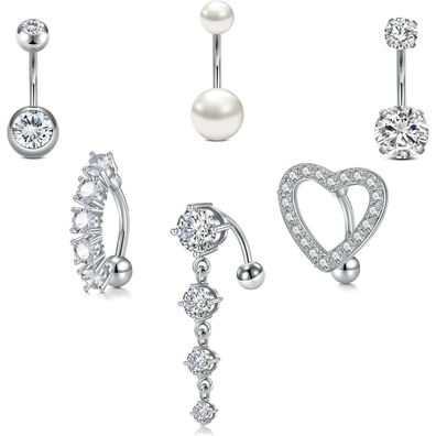6er Set Bauchnabelpiercing 14G Chirurgenstahl Ring Herz CZ Perle Diamant Schmuck