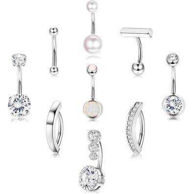 Bauchnabelpiercing Set 9stk Gold Silber 14G Opal Perle CZ 10/12mm
