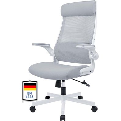 Melokea Bürostuhl Ergonomisch mit verstellbarer Kopfstütze und Wippfunktion Grau