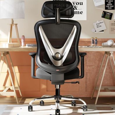 Ergonomischer Bürostuhl mit 3D Lendenstütze & verstellbaren Armlehnen, Schwarz