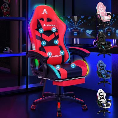 Gaming Stuhl 8-Punkt Massage 12 Farben RGB LED Bürostuhl Fußstützen Rot