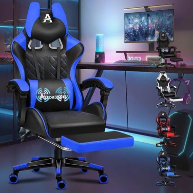 Premium Gaming Stuhl mit Fußstütze und Lordosenstütze Blau Ethan Serie