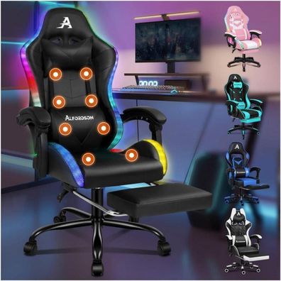 Massage Gaming Stuhl LED Neigung 150° ergonomischer Gamer Chefsessel Fußstütze