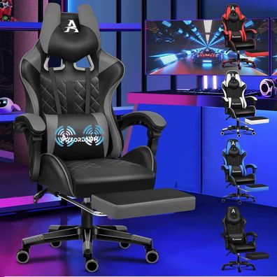 Gaming-Stuhl mit Fußstütze Lendenwirbelkissen 150° Neigung 180 kg Tragkraft Grau