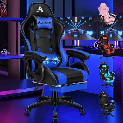 Gamingstuhl mit 2-Punkt-Massage, Fußstütze, 150° verstellbare Rückenlehne, Blau