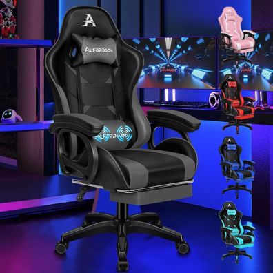 Gamingstuhl Bürostuhl mit Massage Fußstütze Kopf-Lendenkissen PU Grau