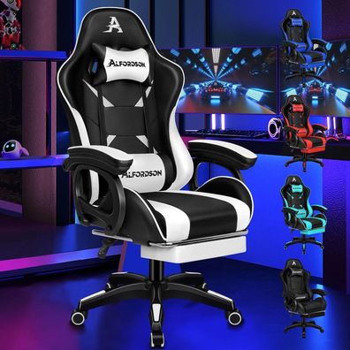 Gamingstuhl Bürostuhl 2-Punkt-Massage Fußstütze Weiß PU-Leder