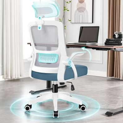 Alfordson Bürostuhl mit Lordosenstütze, Blau/Grau, ergonomisch, höhenverstellbar