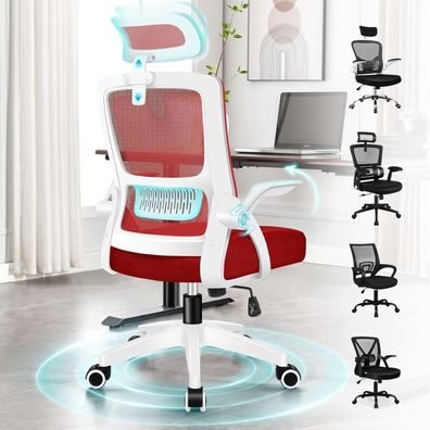 Ergonomischer Büro-Drehstuhl mit Lordosenstütze und Kopfstütze, Rot