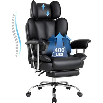 Bürostuhl Ergonomischer mit Fußstütze Lendenwirbelstütze PU Leder Chefsessel