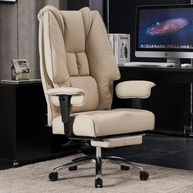 Bürostuhl Ergonomisch Hohe Rückenlehne Verstellbare Armlehnen PU Leder Beige