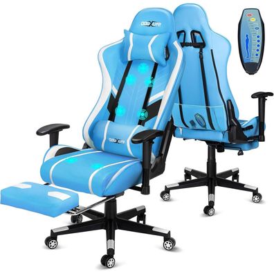 Gaming Stuhl mit 7 Punkt Massage Fußstütze Ergonomischer Bürostuhl Blau