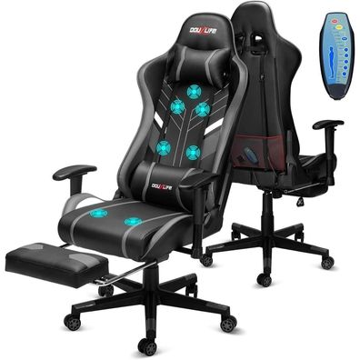 Gaming Stuhl mit 7 Punkt Massage Fußstütze 180KG Bürostuhl 90-175° Grau