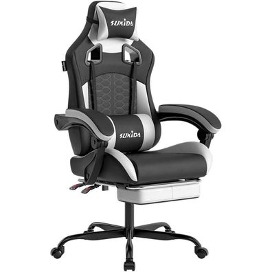 Gaming Stuhl Schwarz ergonomisch mit Fußstütze, Kopfstütze & Lendenwirbelstütze