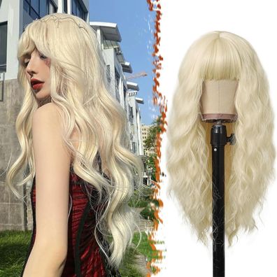 Barsdar Lange Platinblond Wellenperücke mit Pony 66cm für Frauen Cosplay