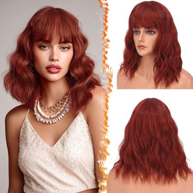 Kurze Gewellte Bob Perücke 35cm Kupferrot mit Pony Synthetische Schulter Länge