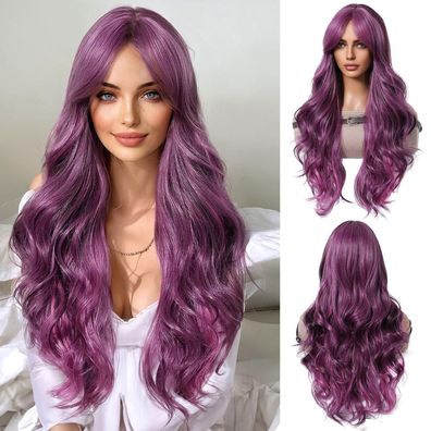 Lila lange Perücke mit Pony natürliche Wellen hitzebeständig für Party Cosplay
