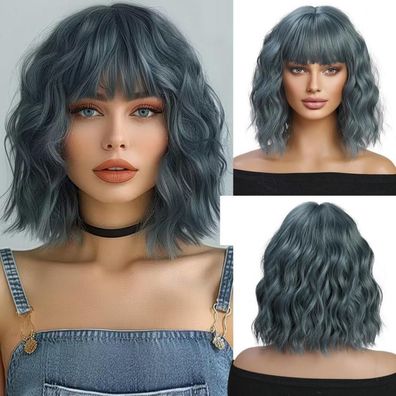 Kurze Blau Grau Perücke mit Pony Natürliche Gewellte Synthetik Haar