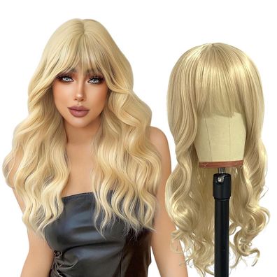 Eupsiiu Lange Gewellt Blonde Perücke mit Pony für Frauen, 27’’ Lockige